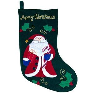 Santa Claus Green Velour Christmas Holiday Stocking Embroidered Applique 16"